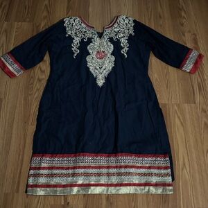Red‎ & Gold Embroidered 3/4 Navy Blue Sleeve Tunic Dress Kurta Size M Party